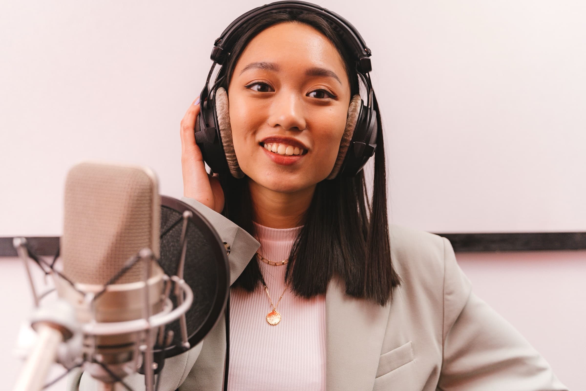 Podcast host recording in the studio